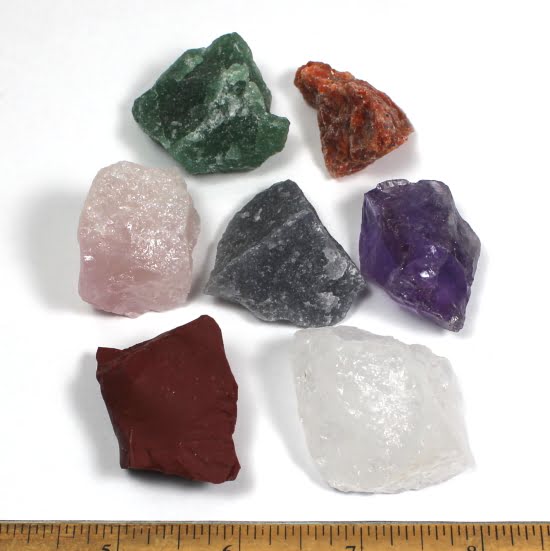 Crystal, Rose Quartz, Green Quartz, Blue Quartz, Red Jasper, Amethyst, Orange Calcite