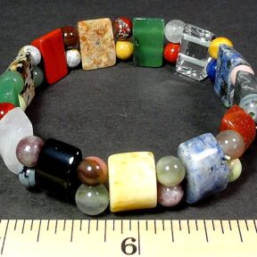 multi colored stretch bracelet made from half circle and round variety of gemstone beads
